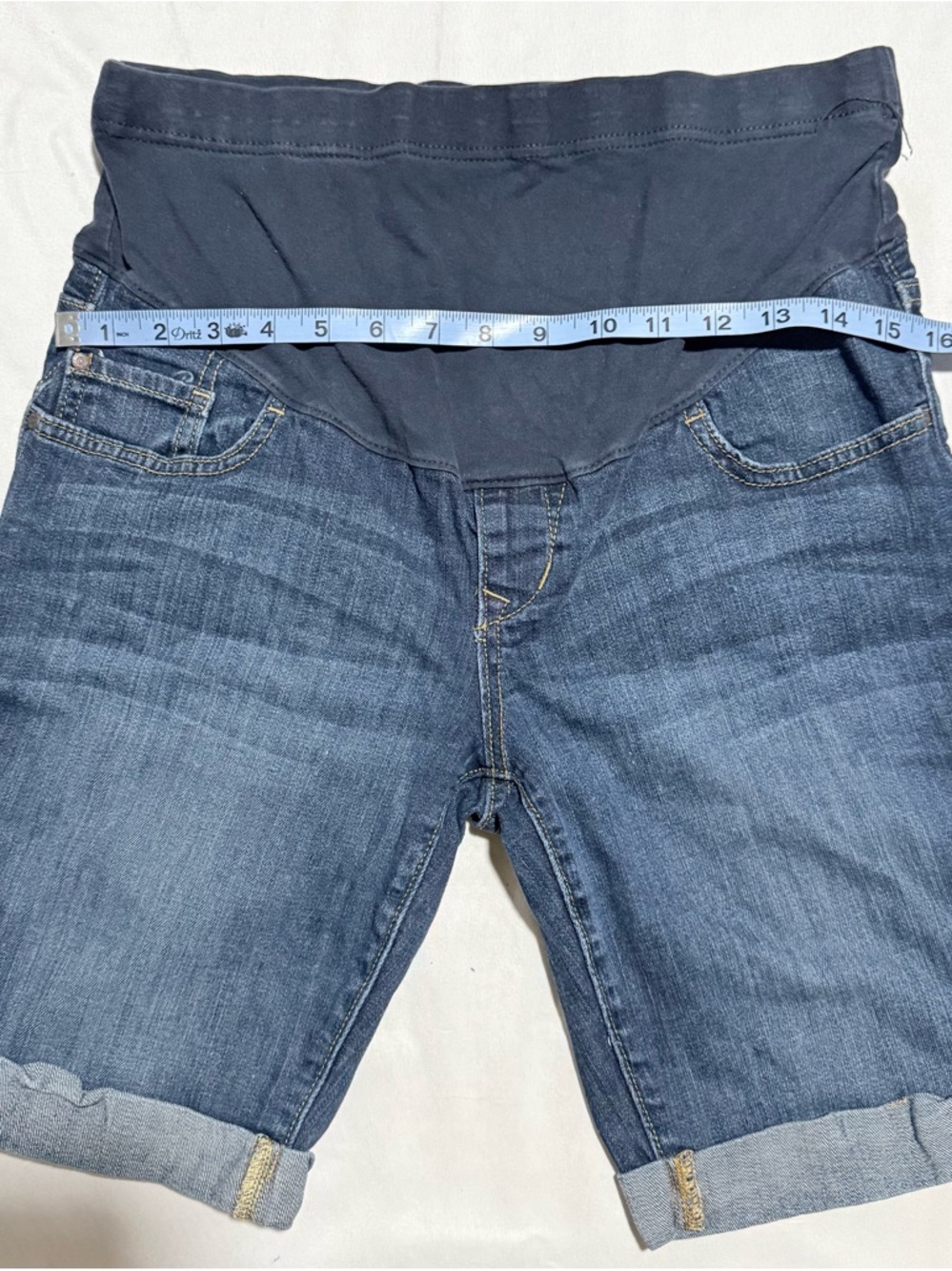 Old Navy Maternity Denim Bermuda Shorts in Dark Blue with Black Waistband - Picture 2 of 5
